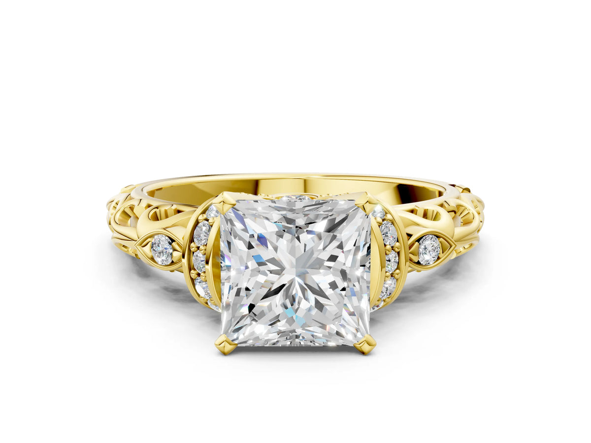 Yellow gold Princess Cut Diamond Solitaire Ring with Filigree Band and Four-Prong Setting