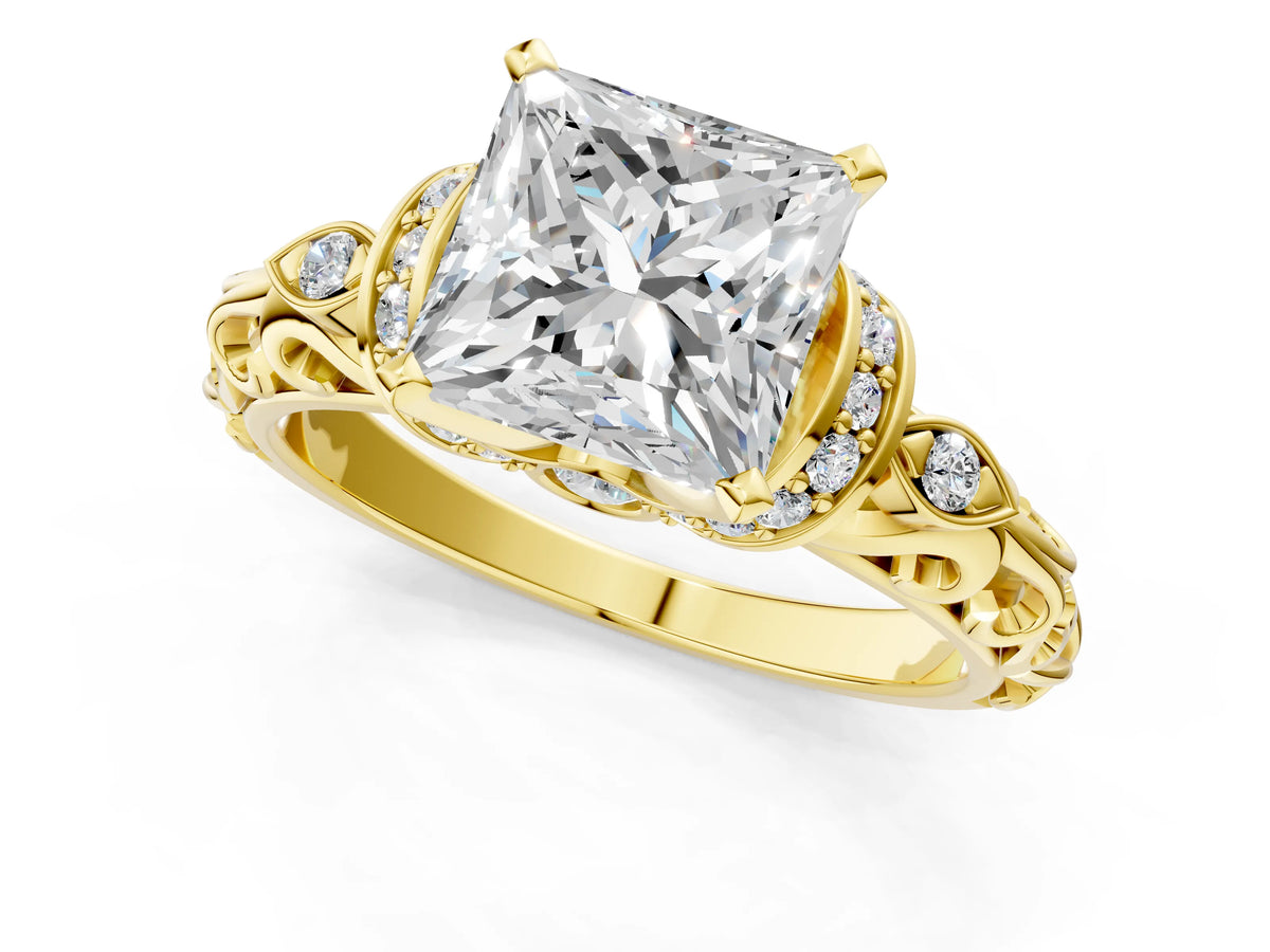 Yellow gold Princess Cut Diamond Solitaire Ring with Filigree Band and Four-Prong Setting_1