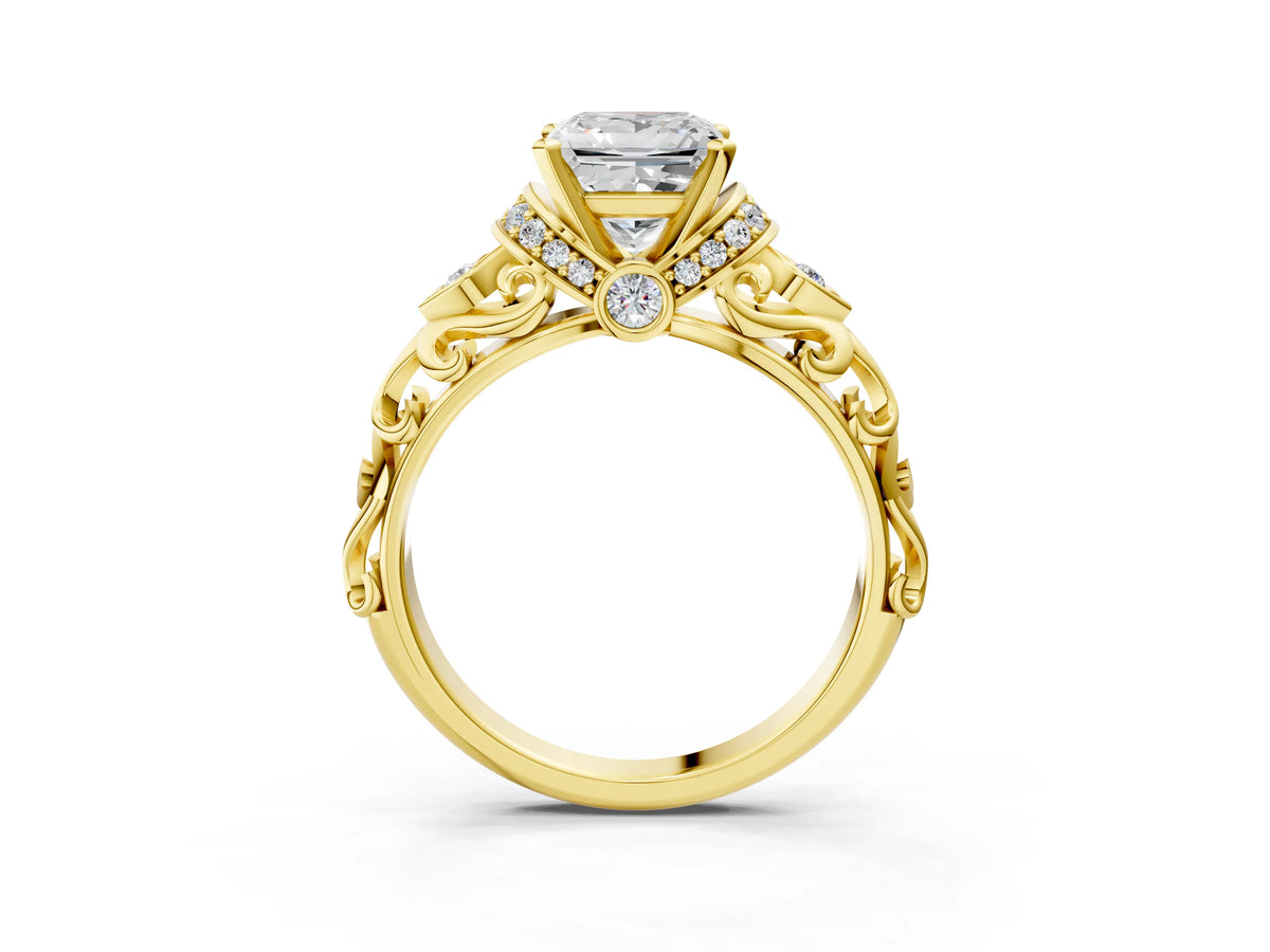 Yellow gold Princess Cut Diamond Solitaire Ring with Filigree Band and Four-Prong Setting_3
