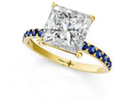 Yellow gold Princess Cut Diamond Solitaire Ring with Round Blue Sapphire Pavé Band and Prong Setting_1