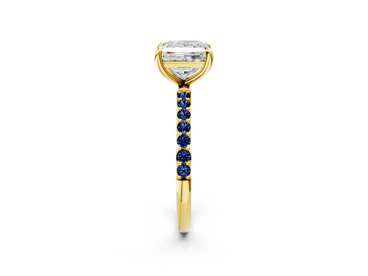 Yellow gold Princess Cut Diamond Solitaire Ring with Round Blue Sapphire Pavé Band and Prong Setting_2
