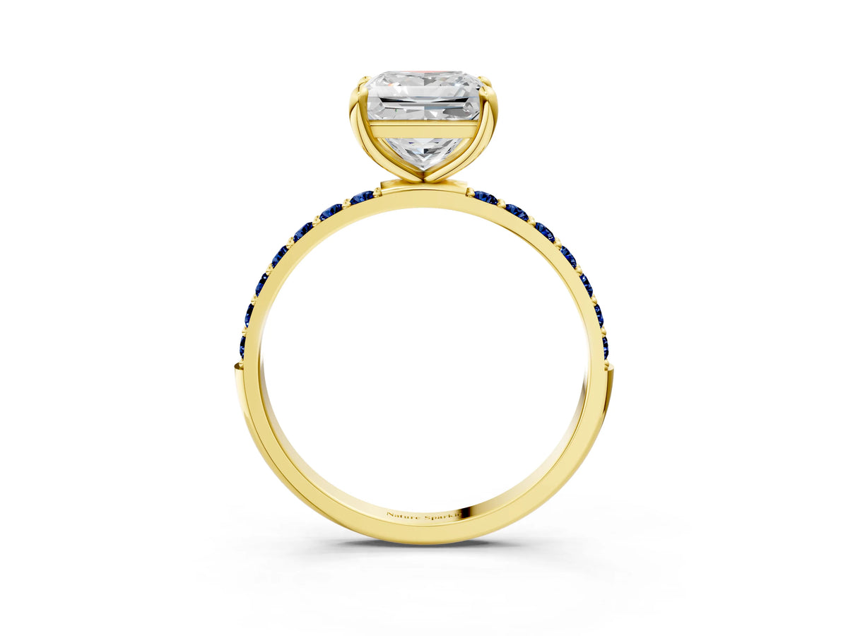 Yellow gold Princess Cut Diamond Solitaire Ring with Round Blue Sapphire Pavé Band and Prong Setting_3