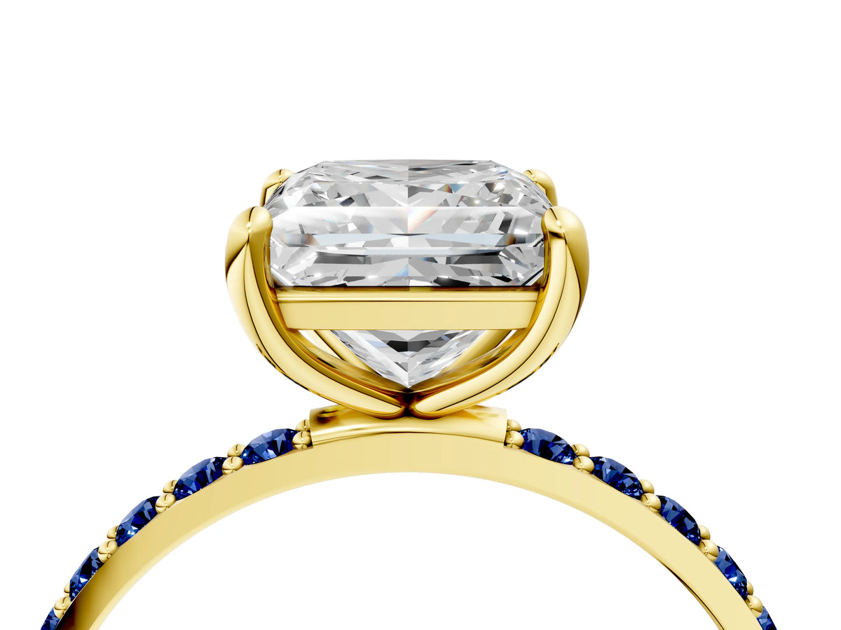 Yellow gold Princess Cut Diamond Solitaire Ring with Round Blue Sapphire Pavé Band and Prong Setting_4