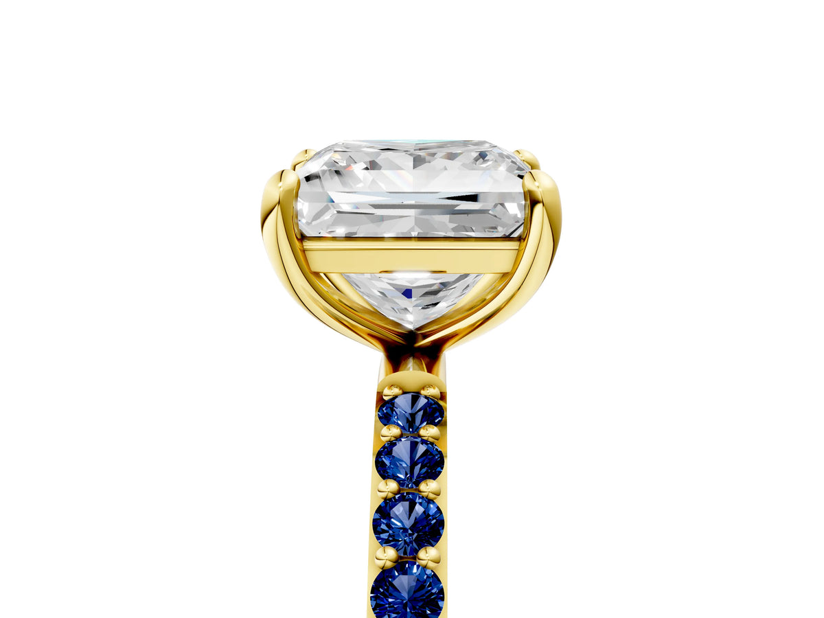 Yellow gold Princess Cut Diamond Solitaire Ring with Round Blue Sapphire Pavé Band and Prong Setting_5