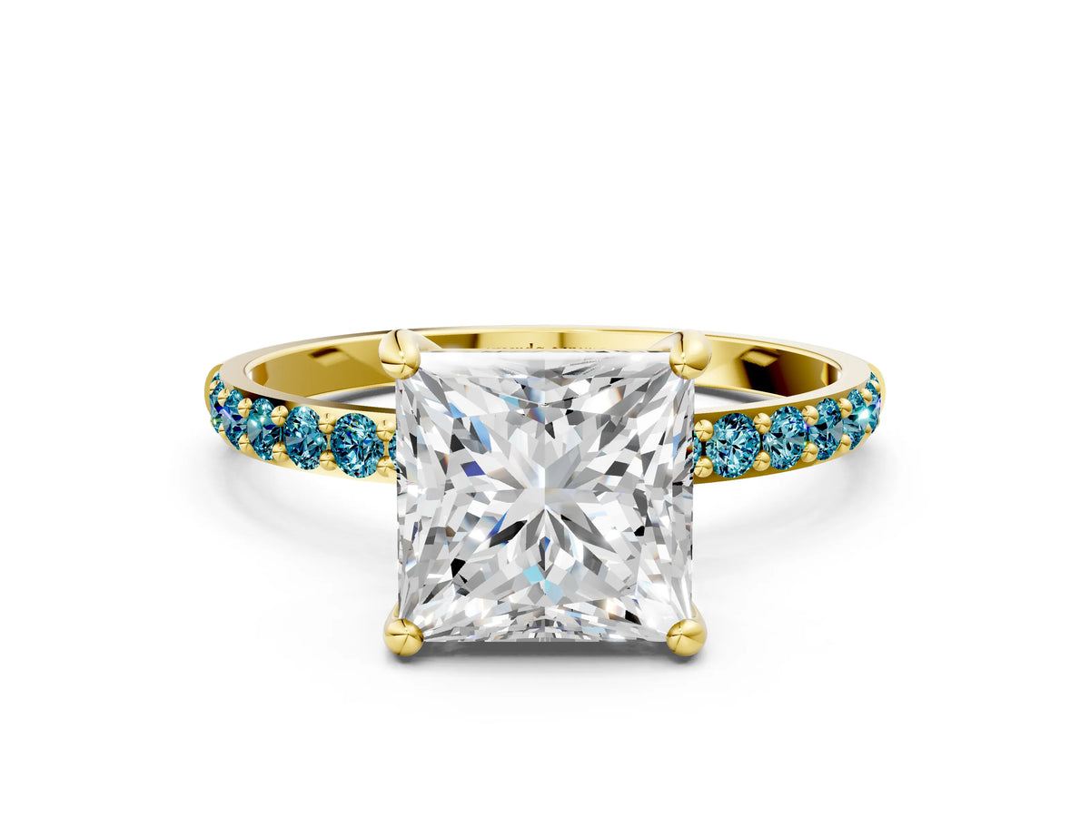 Yellow gold Princess Cut Diamond Solitaire Ring with Round Blue Topaz Pavé Band and Prong Setting