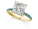 Yellow gold Princess Cut Diamond Solitaire Ring with Round Blue Topaz Pavé Band and Prong Setting_1