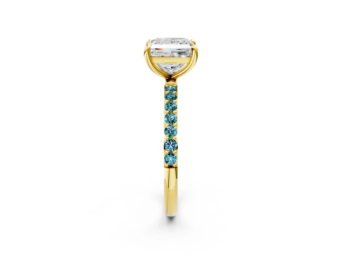 Yellow gold Princess Cut Diamond Solitaire Ring with Round Blue Topaz Pavé Band and Prong Setting_2