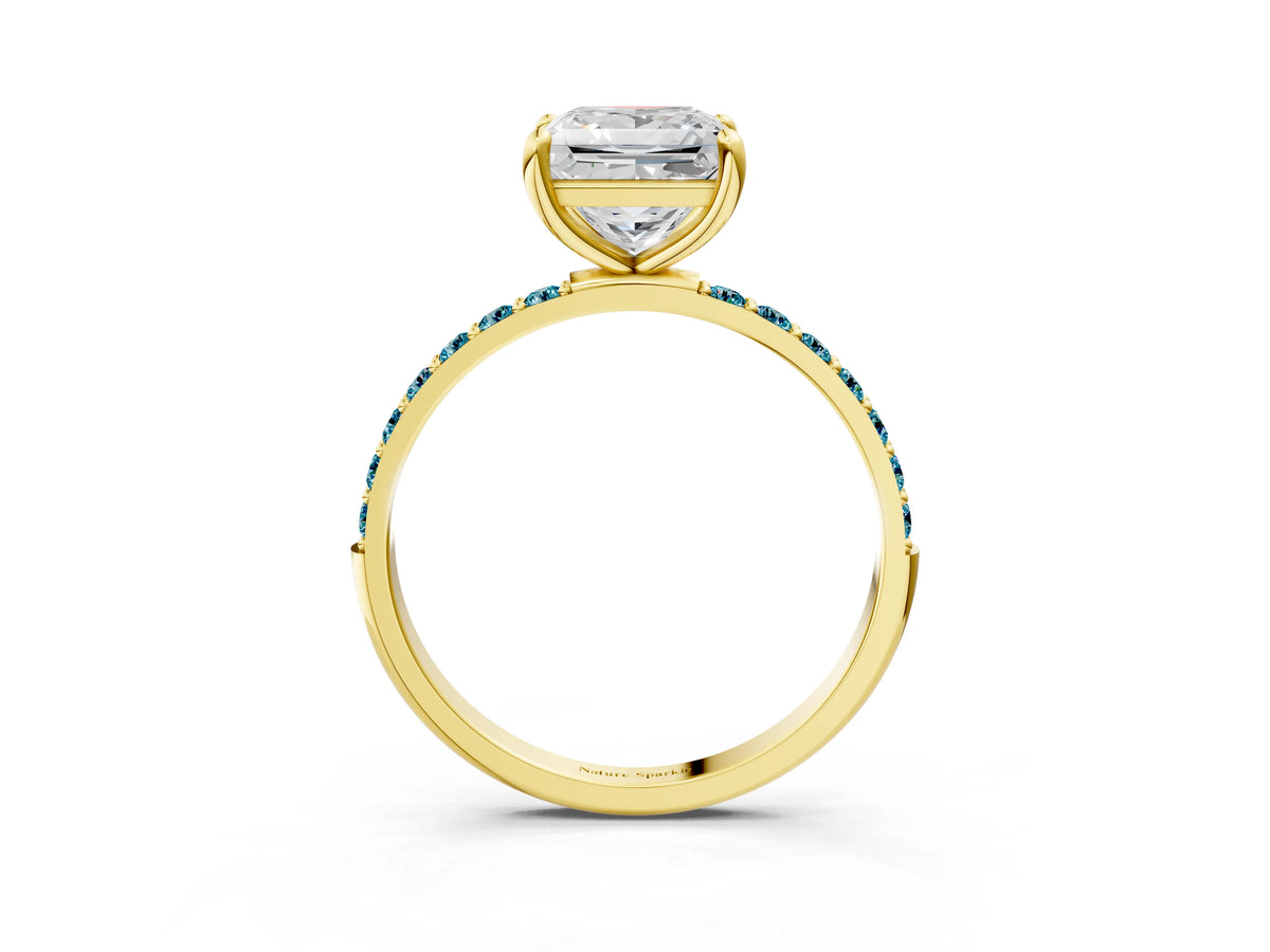 Yellow gold Princess Cut Diamond Solitaire Ring with Round Blue Topaz Pavé Band and Prong Setting_3