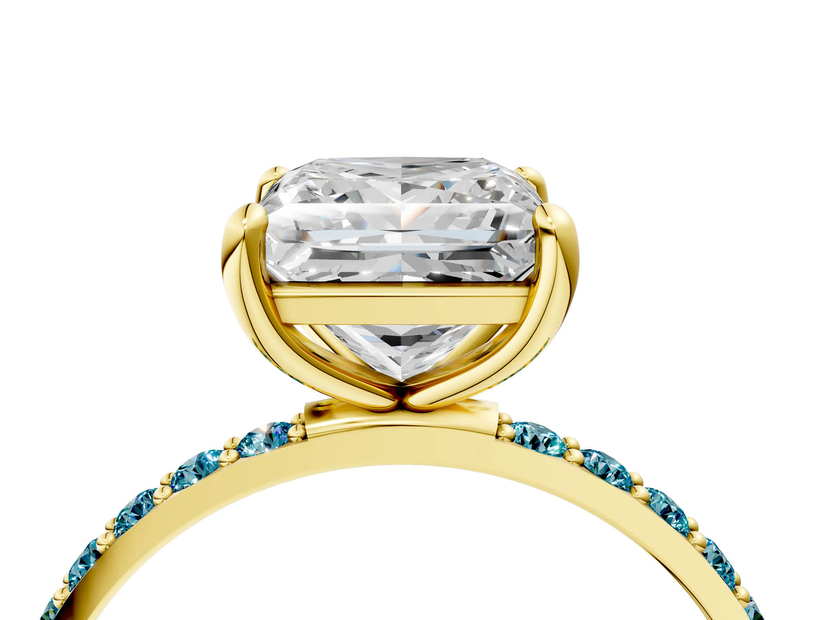 Yellow gold Princess Cut Diamond Solitaire Ring with Round Blue Topaz Pavé Band and Prong Setting_4