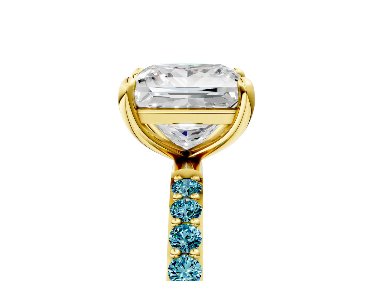 Yellow gold Princess Cut Diamond Solitaire Ring with Round Blue Topaz Pavé Band and Prong Setting_5