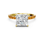 Yellow gold Princess Cut Diamond Solitaire Ring with Round Citrine Pavé Band and Prong Setting