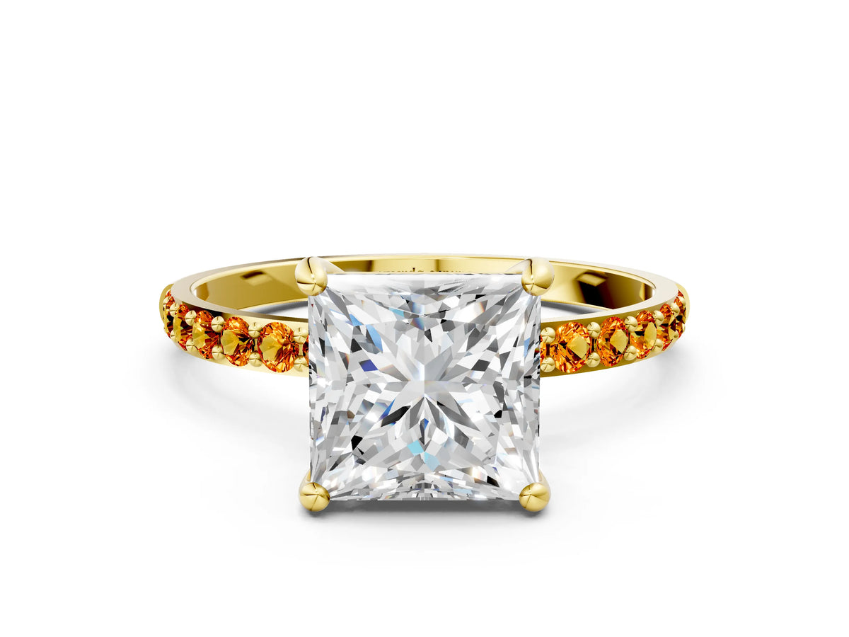 Yellow gold Princess Cut Diamond Solitaire Ring with Round Citrine Pavé Band and Prong Setting