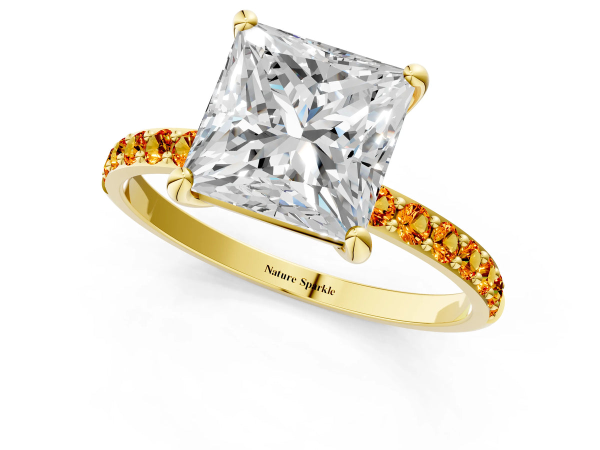 Yellow gold Princess Cut Diamond Solitaire Ring with Round Citrine Pavé Band and Prong Setting_1
