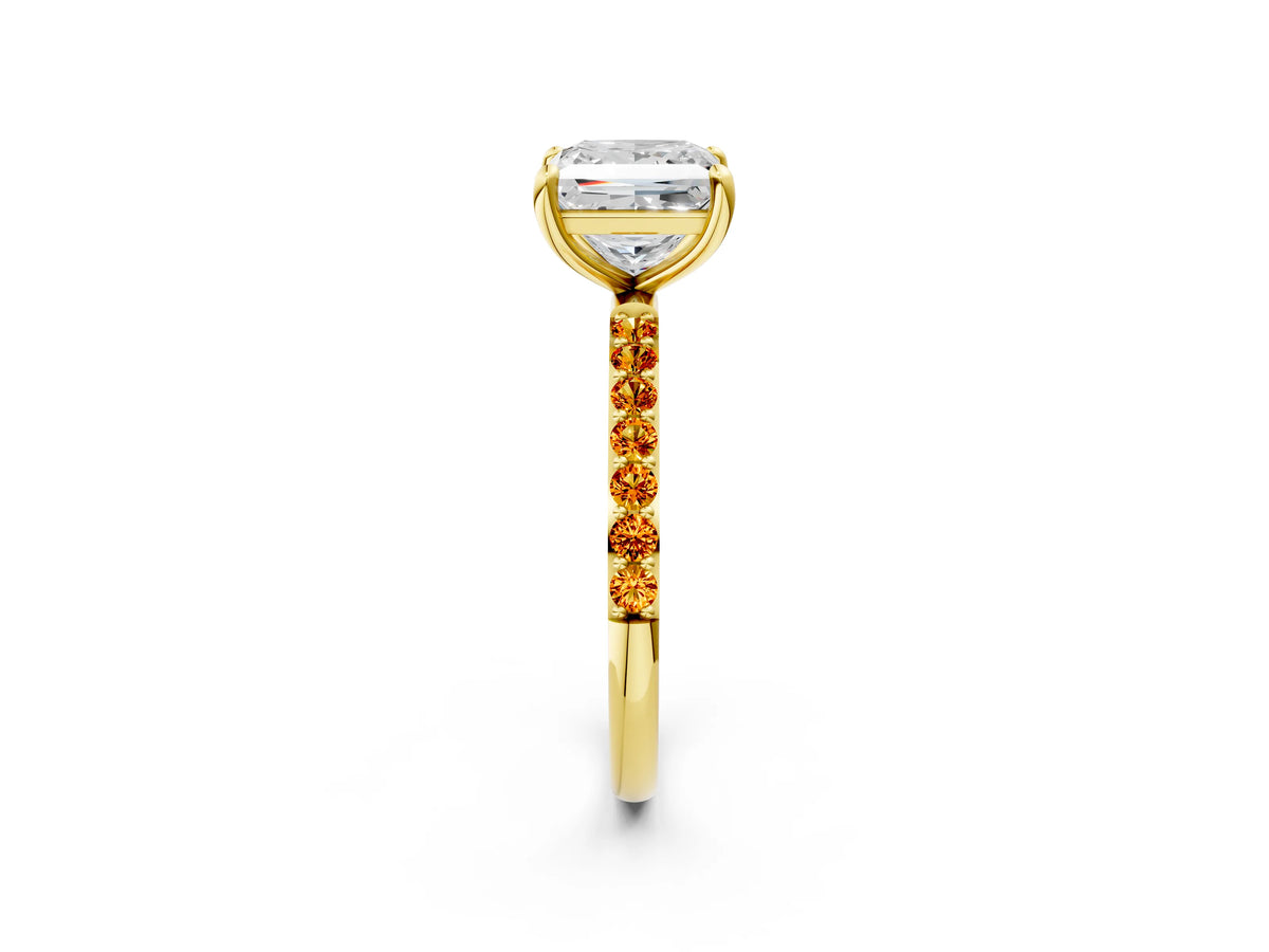 Yellow gold Princess Cut Diamond Solitaire Ring with Round Citrine Pavé Band and Prong Setting_2