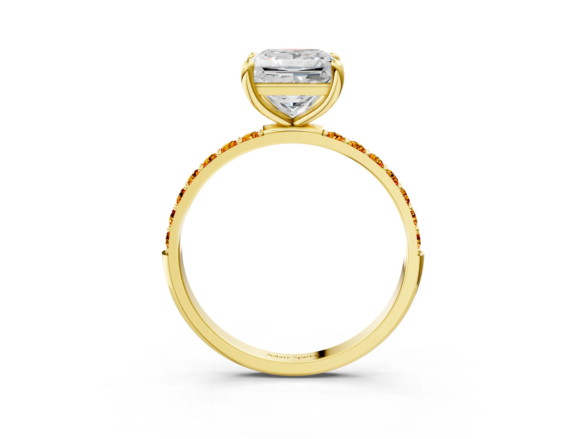 Yellow gold Princess Cut Diamond Solitaire Ring with Round Citrine Pavé Band and Prong Setting_3