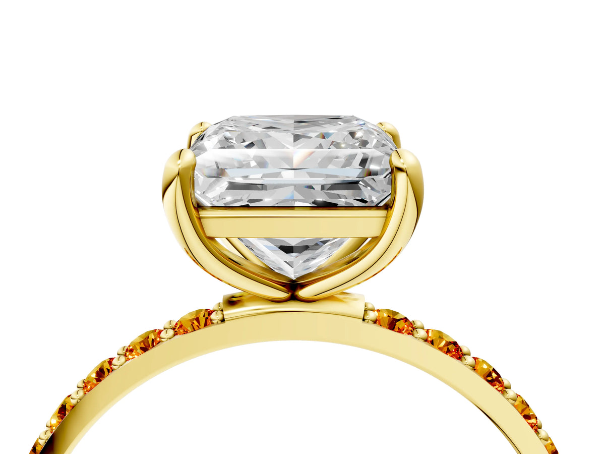 Yellow gold Princess Cut Diamond Solitaire Ring with Round Citrine Pavé Band and Prong Setting_4