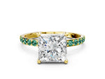 Yellow gold Princess Cut Diamond Solitaire Ring with Round Green Sapphire Pavé Band and Prong Setting