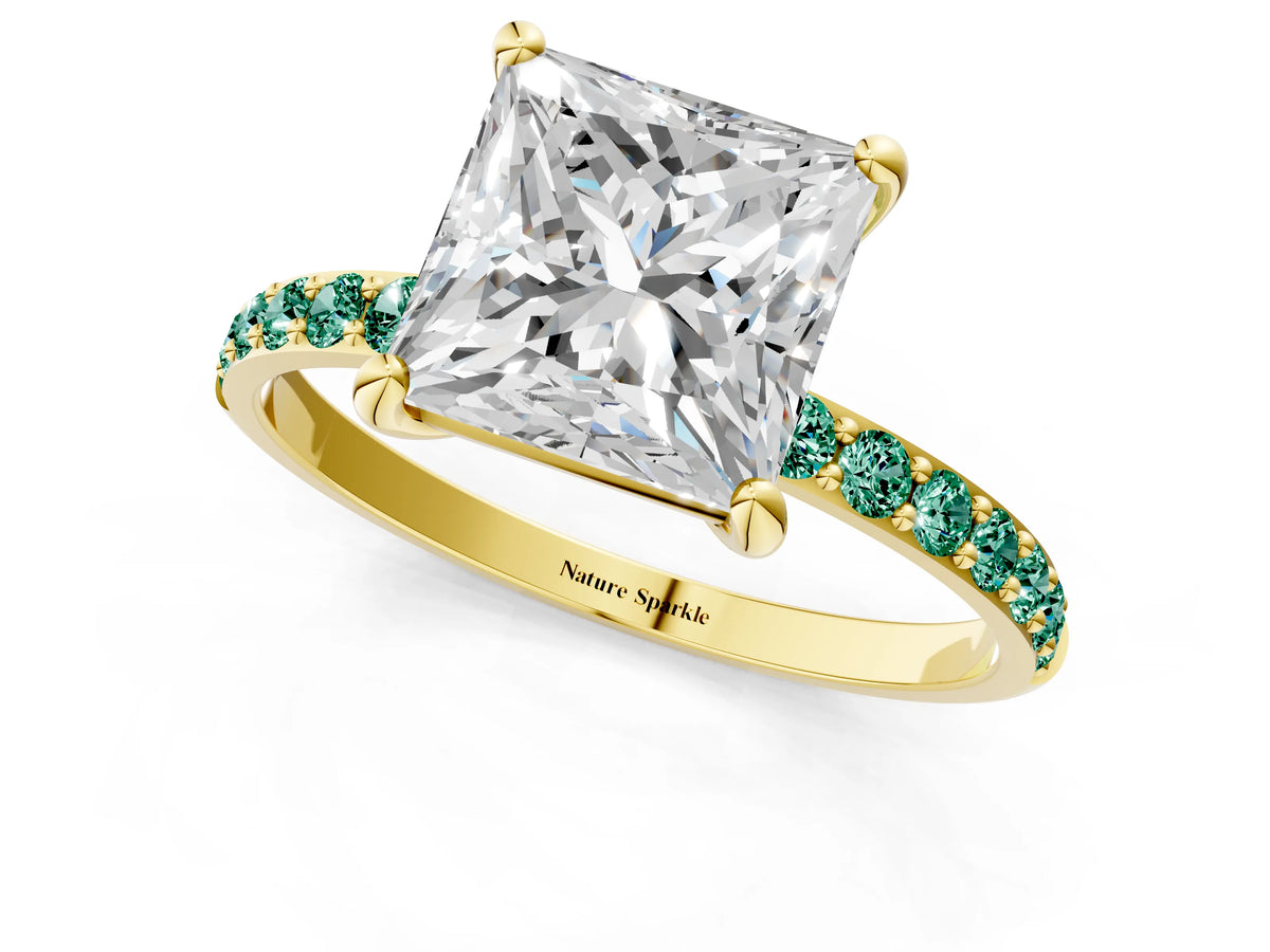 Yellow gold Princess Cut Diamond Solitaire Ring with Round Green Sapphire Pavé Band and Prong Setting_1
