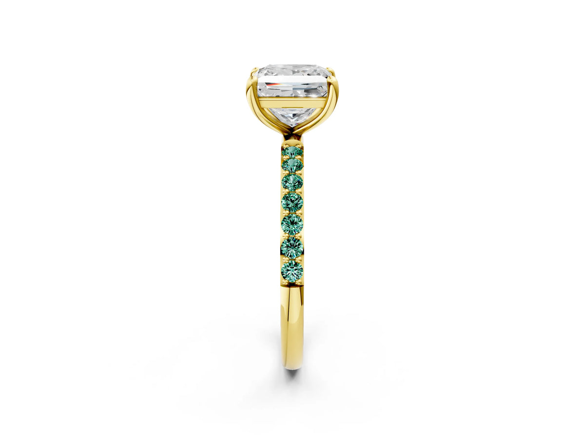 Yellow gold Princess Cut Diamond Solitaire Ring with Round Green Sapphire Pavé Band and Prong Setting_2