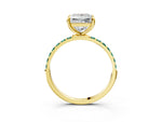 Yellow gold Princess Cut Diamond Solitaire Ring with Round Green Sapphire Pavé Band and Prong Setting_3