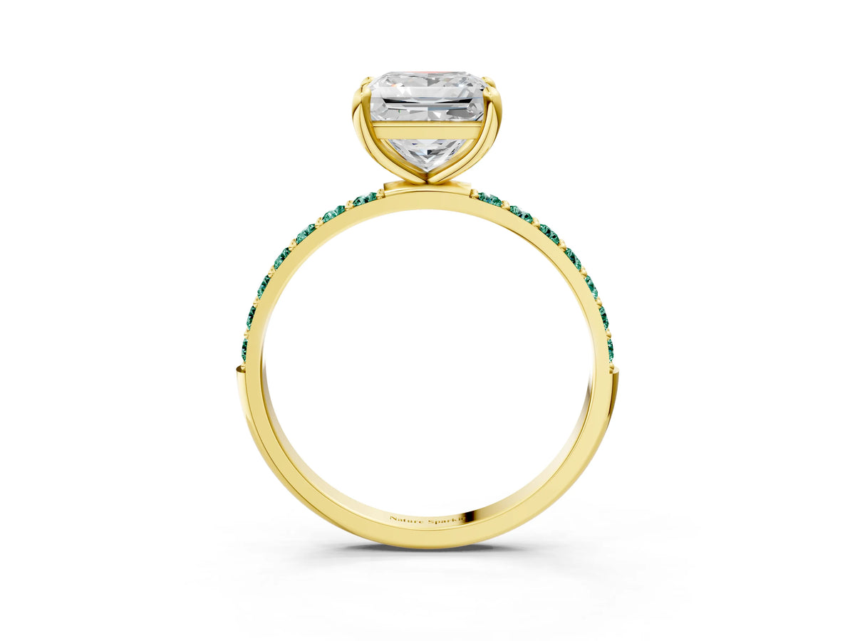 Yellow gold Princess Cut Diamond Solitaire Ring with Round Green Sapphire Pavé Band and Prong Setting_3
