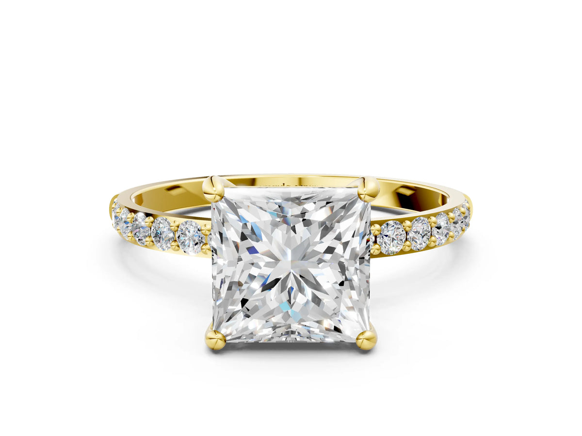 Yellow gold Princess Cut Diamond Solitaire Ring with Round Moissanite Pavé Band and Prong Setting