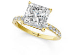 Yellow gold Princess Cut Diamond Solitaire Ring with Round Moissanite Pavé Band and Prong Setting_1
