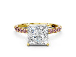 Yellow gold Princess Cut Diamond Solitaire Ring with Round Morganite Pavé Band and Prong Setting