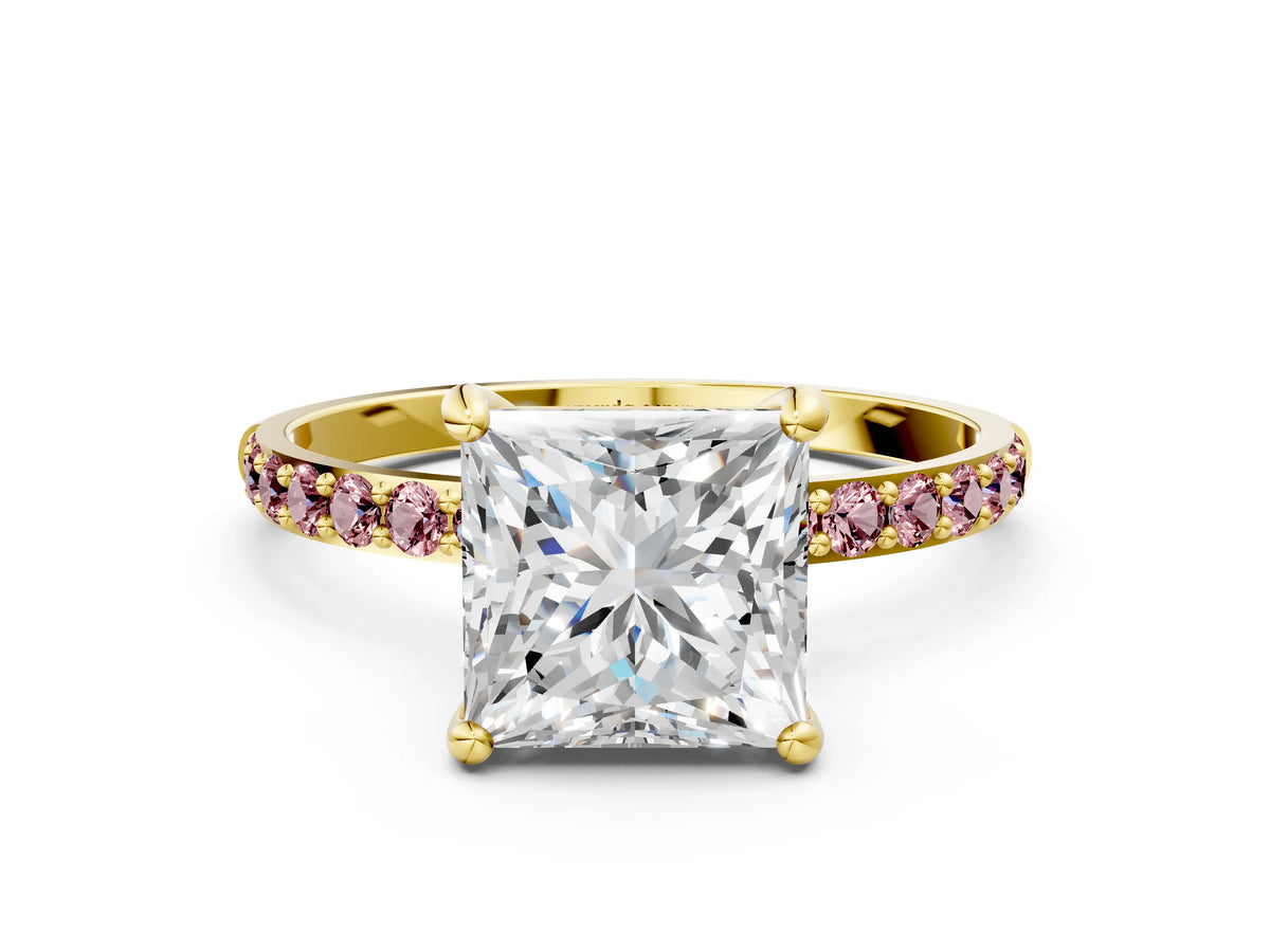 Yellow gold Princess Cut Diamond Solitaire Ring with Round Morganite Pavé Band and Prong Setting