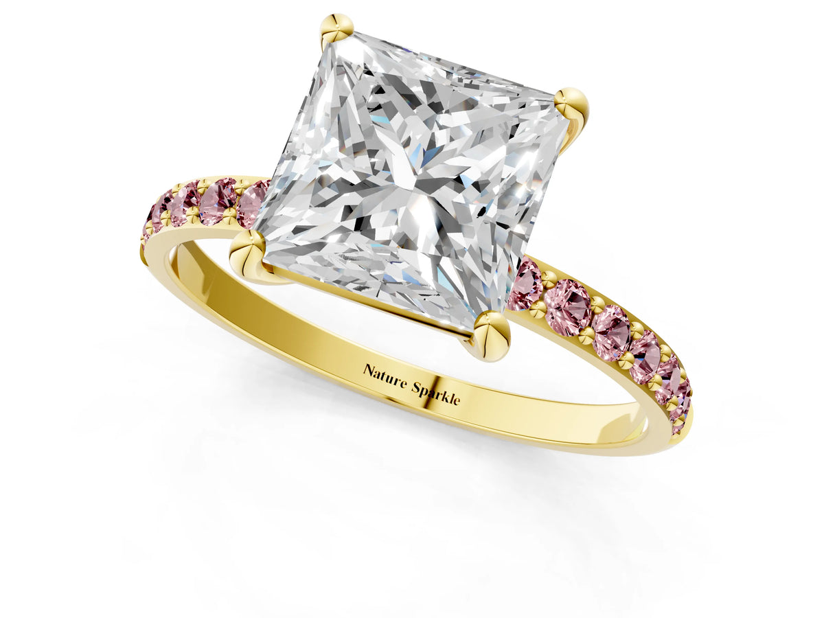 Yellow gold Princess Cut Diamond Solitaire Ring with Round Morganite Pavé Band and Prong Setting_1
