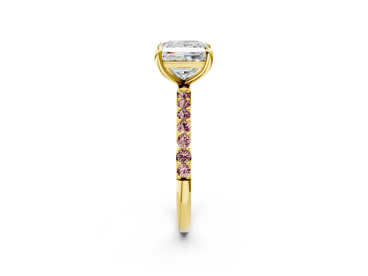 Yellow gold Princess Cut Diamond Solitaire Ring with Round Morganite Pavé Band and Prong Setting_2