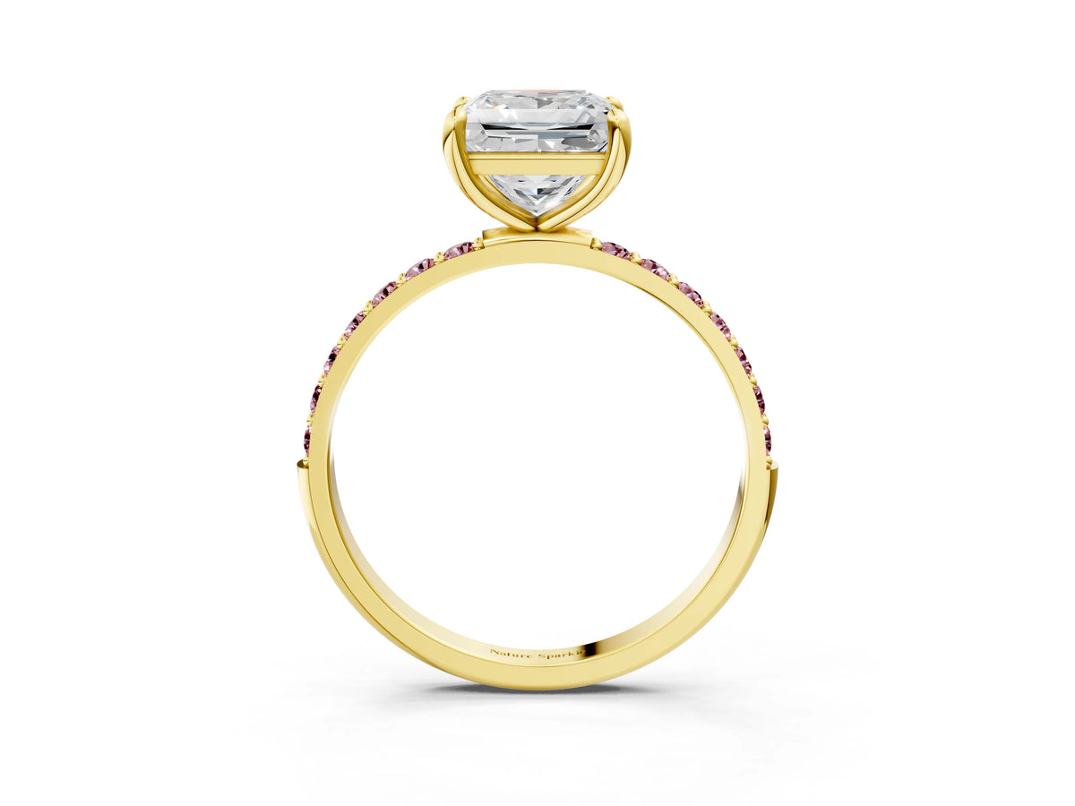 Yellow gold Princess Cut Diamond Solitaire Ring with Round Morganite Pavé Band and Prong Setting_3