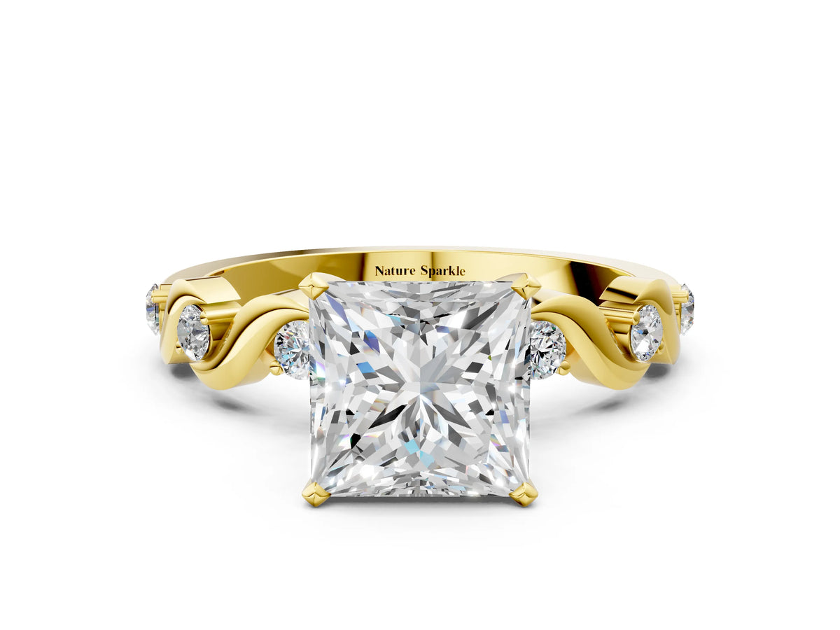 Yellow gold Princess Cut Diamond Solitaire Twisted Band with Round Accents and Prong Setting