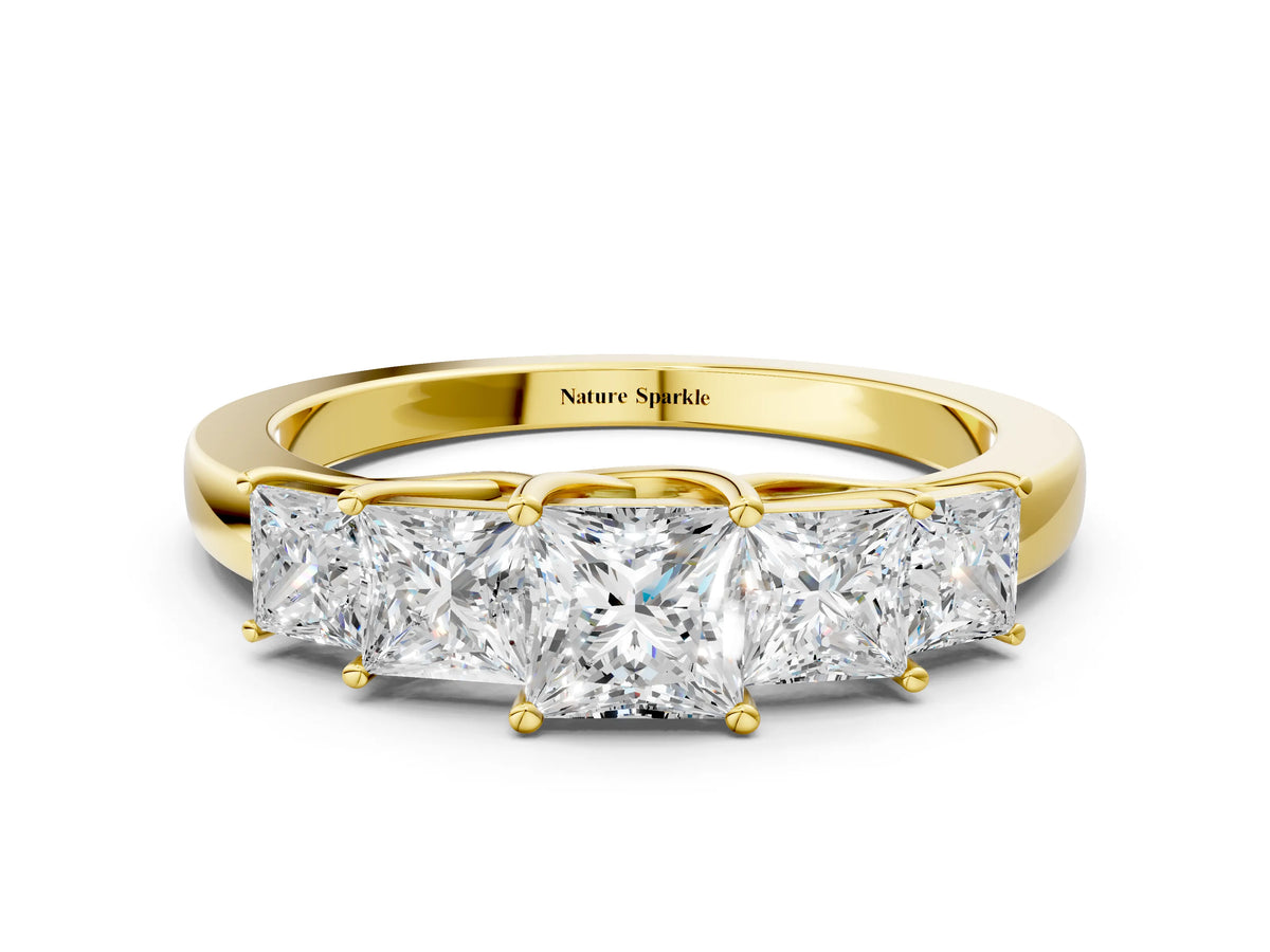 Yellow gold Princess Cut Five-Stone Diamond Ring with Classic Prong Setting