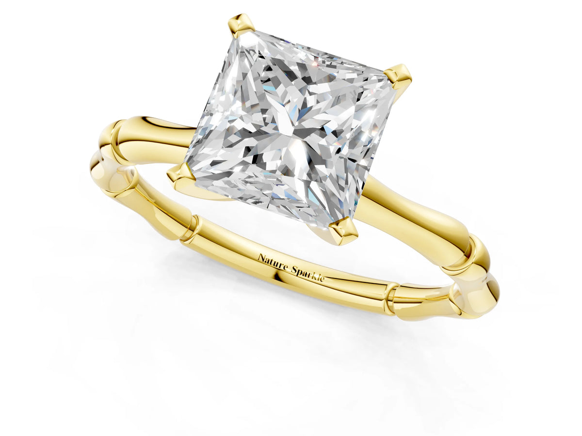 Yellow gold Princess Cut Solitaire Diamond Ring with Bamboo Band and Four-Prong Setting_1
