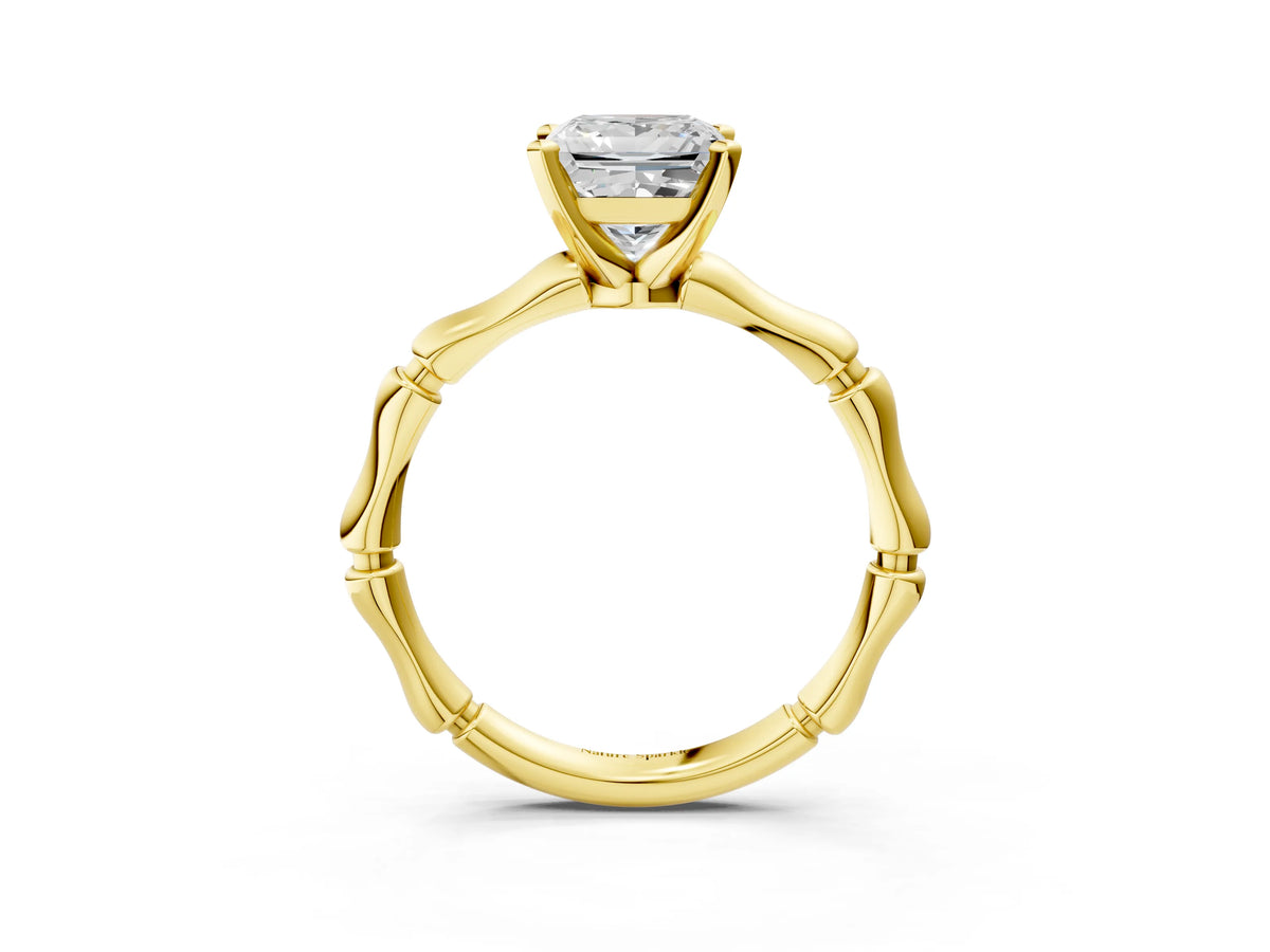 Yellow gold Princess Cut Solitaire Diamond Ring with Bamboo Band and Four-Prong Setting_3