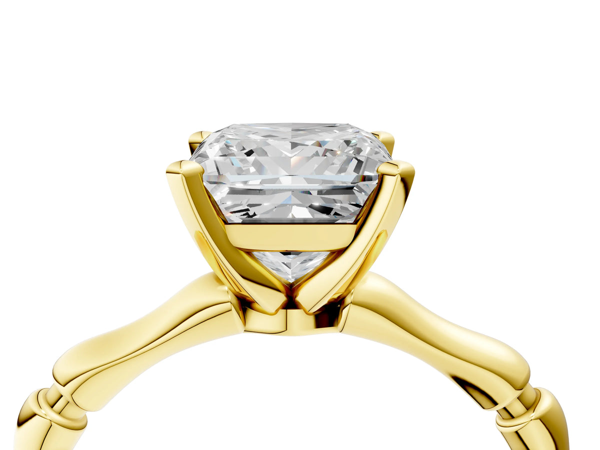 Yellow gold Princess Cut Solitaire Diamond Ring with Bamboo Band and Four-Prong Setting_4