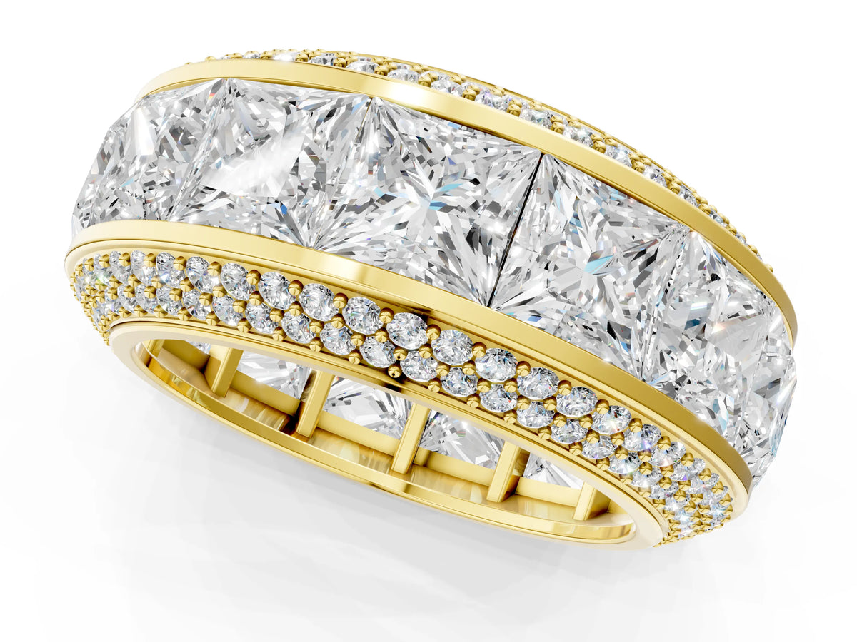 Yellow gold Princess Diamond Pavé Mens Wedding Band with Round Diamond Accents_1