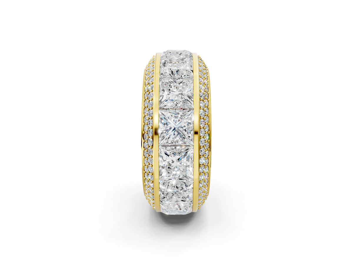Yellow gold Princess Diamond Pavé Mens Wedding Band with Round Diamond Accents_2