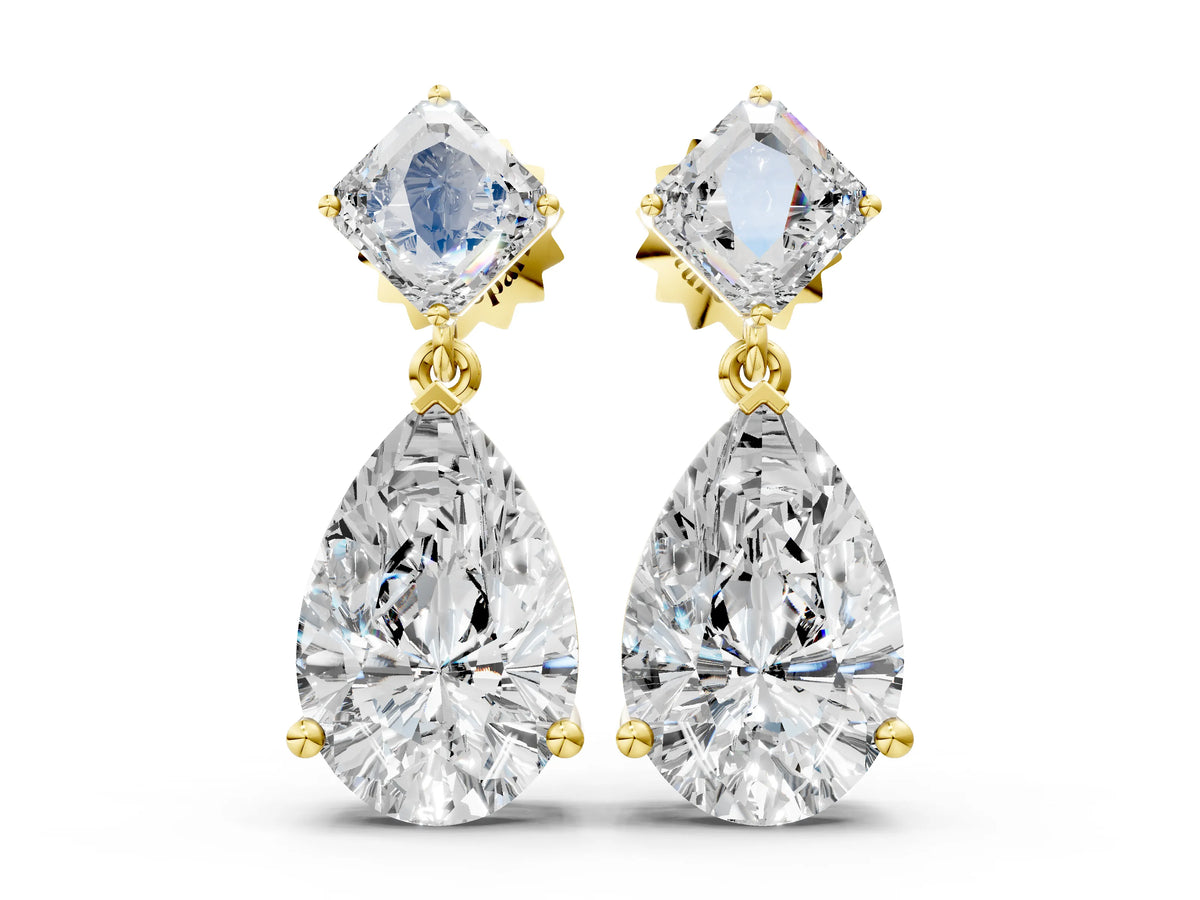 Yellow gold Princess and Pear Diamond Drop Earrings