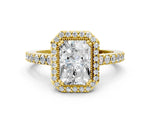 Yellow gold Radiant Cut Cut Diamond Halo Engagement Ring with Milgrain Detail and Pavé Band