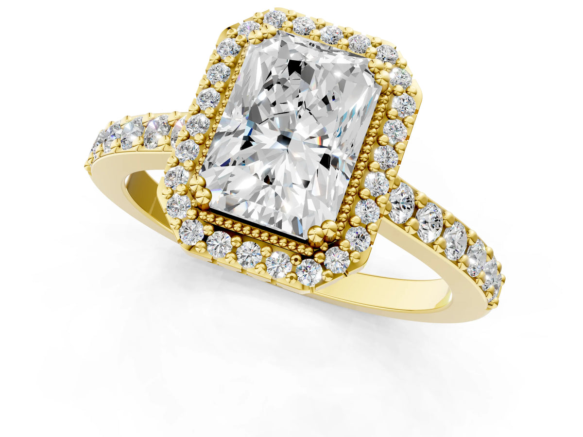Yellow gold Radiant Cut Cut Diamond Halo Engagement Ring with Milgrain Detail and Pavé Band_1