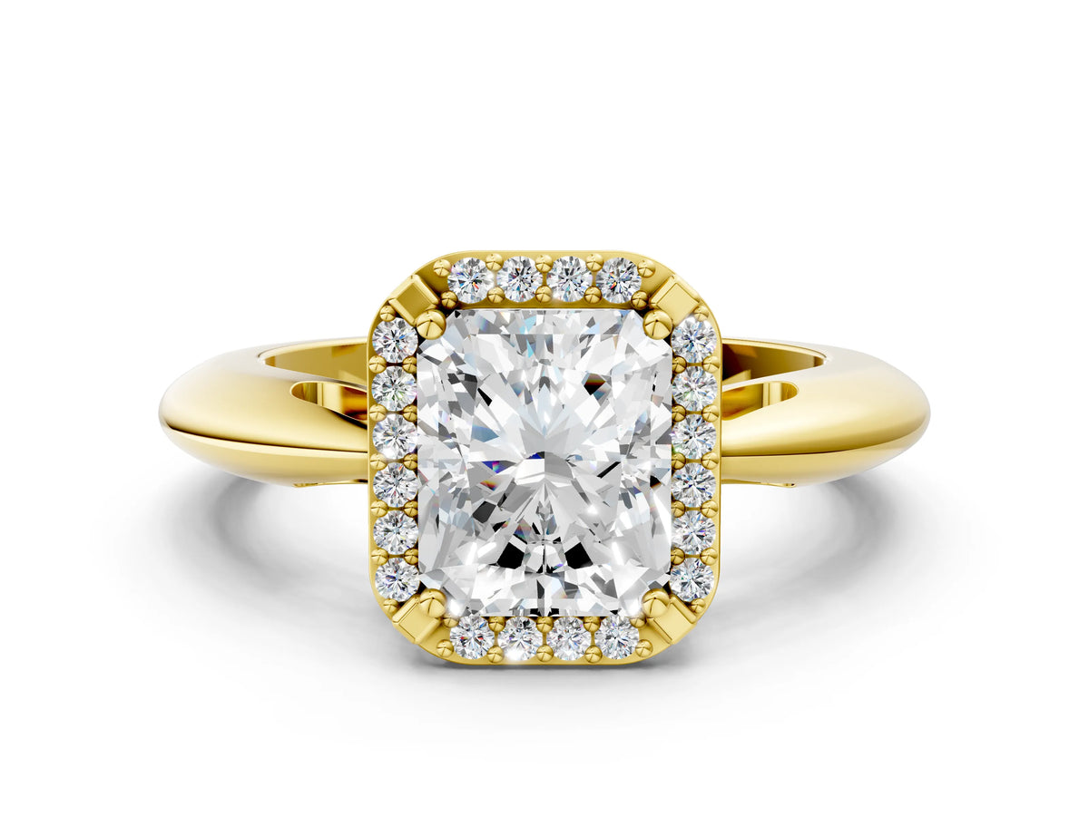 Yellow gold Radiant Cut Cut Diamond Halo Engagement Ring with Split Shank and Four-Prong Setting