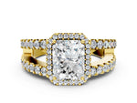 Yellow gold Radiant Cut Cut Halo Split Shank Diamond Ring with Four-Prong Setting