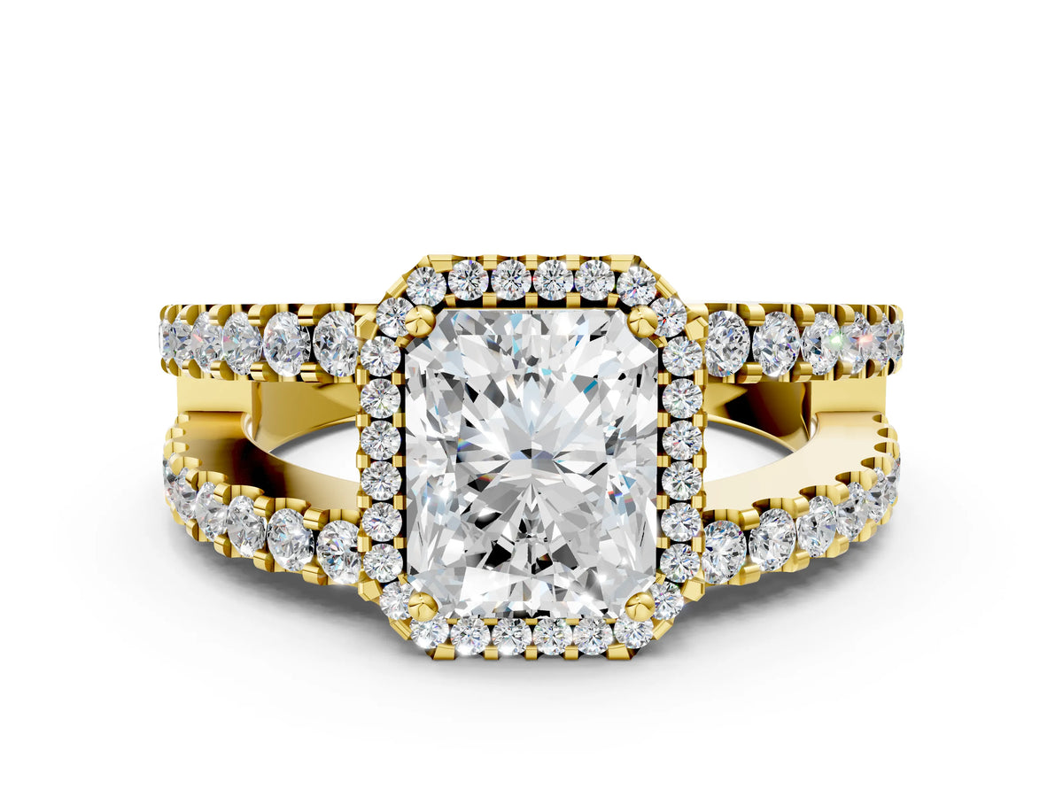 Yellow gold Radiant Cut Cut Halo Split Shank Diamond Ring with Four-Prong Setting
