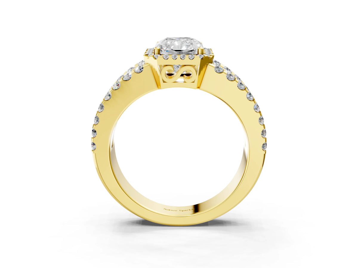 Yellow gold Radiant Cut Cut Halo Split Shank Diamond Ring with Four-Prong Setting_3