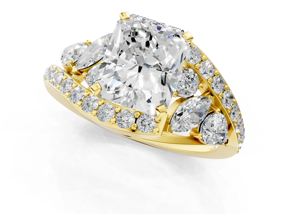 Yellow gold Radiant Cut Diamond Halo Ring with Marquise and Pavé Band in Prong Setting_1