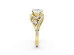 Yellow gold Radiant Cut Diamond Halo Ring with Marquise and Pavé Band in Prong Setting_2