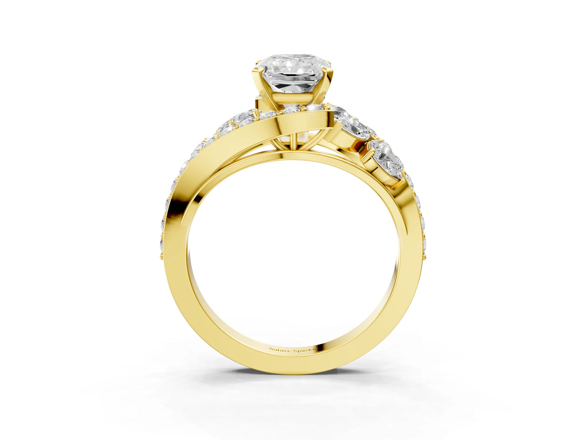 Yellow gold Radiant Cut Diamond Halo Ring with Marquise and Pavé Band in Prong Setting_3