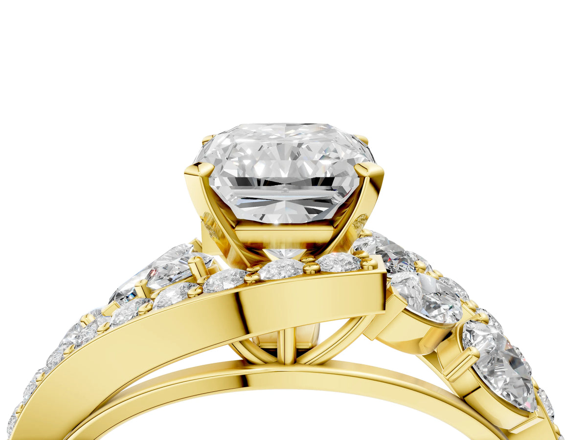 Yellow gold Radiant Cut Diamond Halo Ring with Marquise and Pavé Band in Prong Setting_4